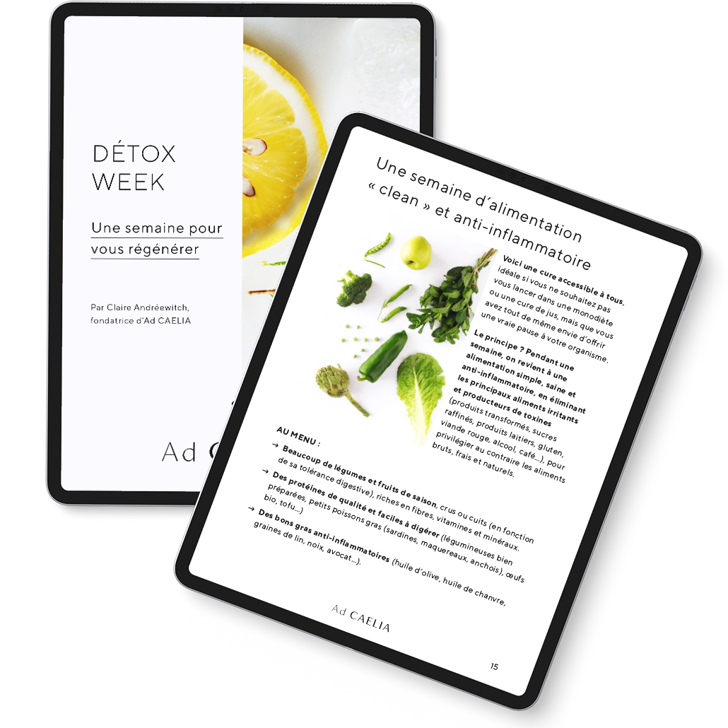 E-book Détox Week d'Ad CAELIA présentant un programme d'alimentation clean et anti-inflammatoire